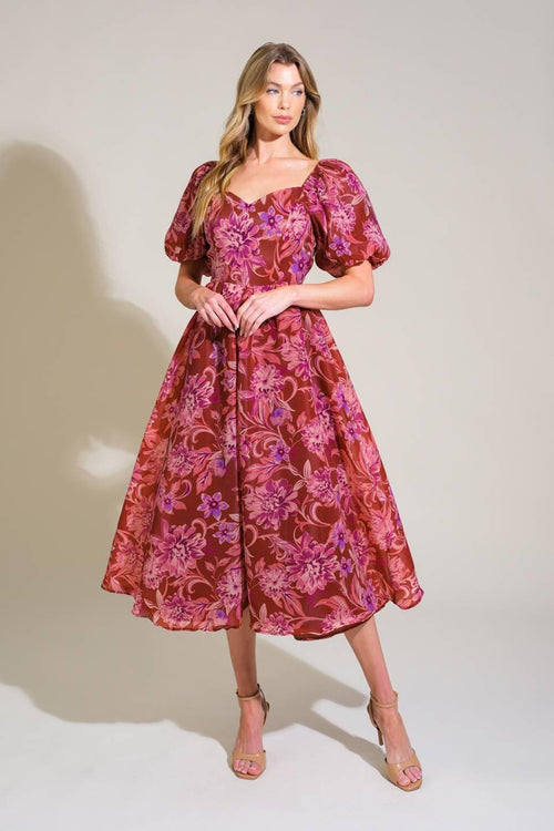 RADIANT DAY FLORAL WOVEN MIDI DRESS.