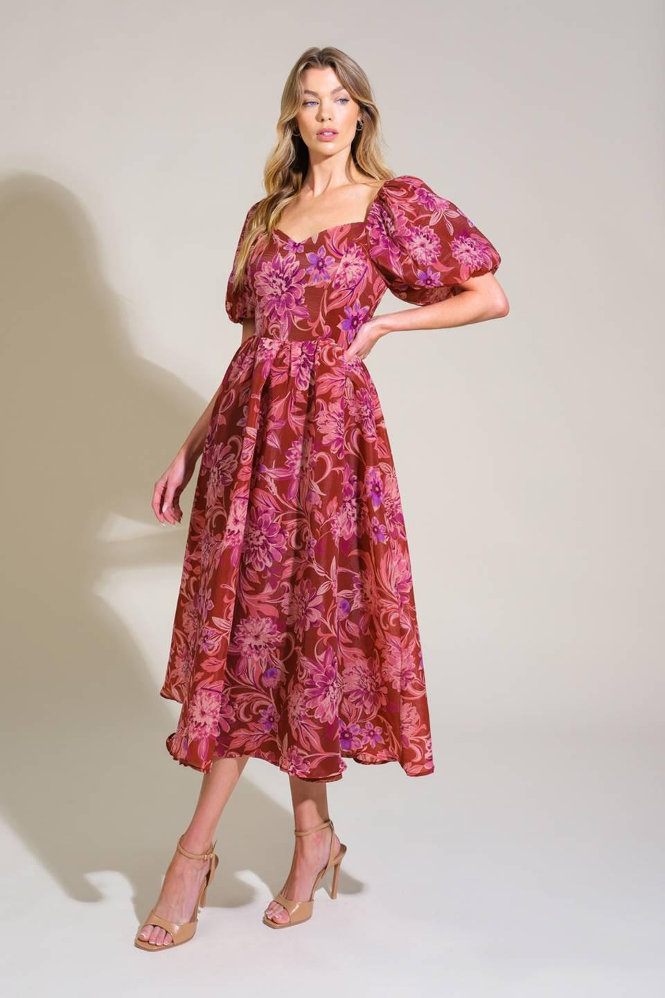 RADIANT DAY FLORAL WOVEN MIDI DRESS.