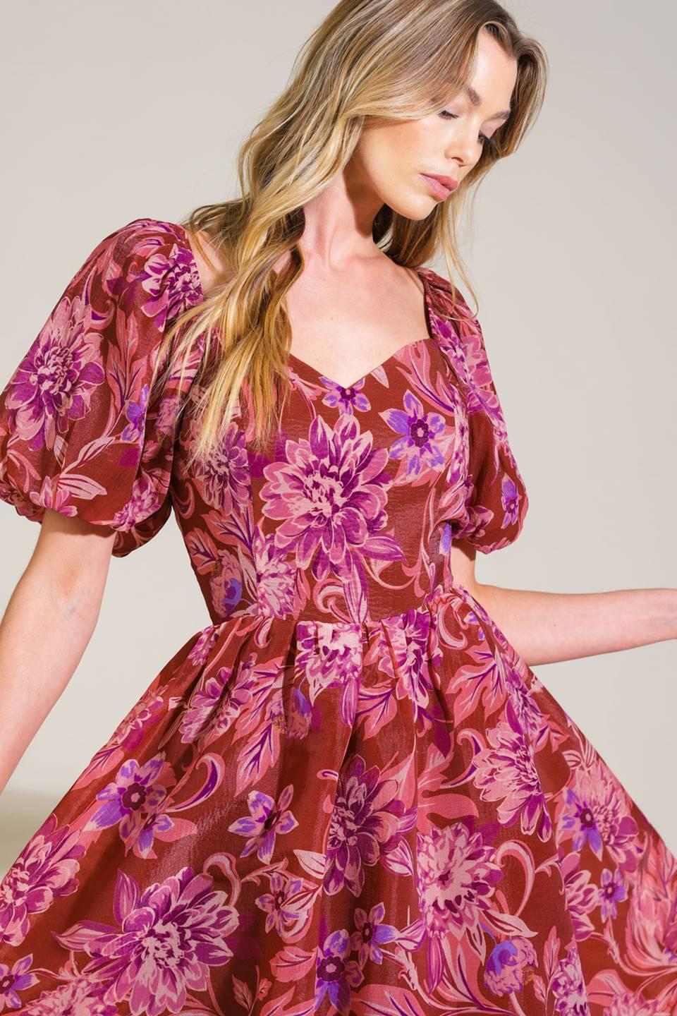 RADIANT DAY FLORAL WOVEN MIDI DRESS.