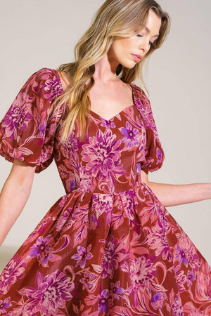 RADIANT DAY FLORAL WOVEN MIDI DRESS.