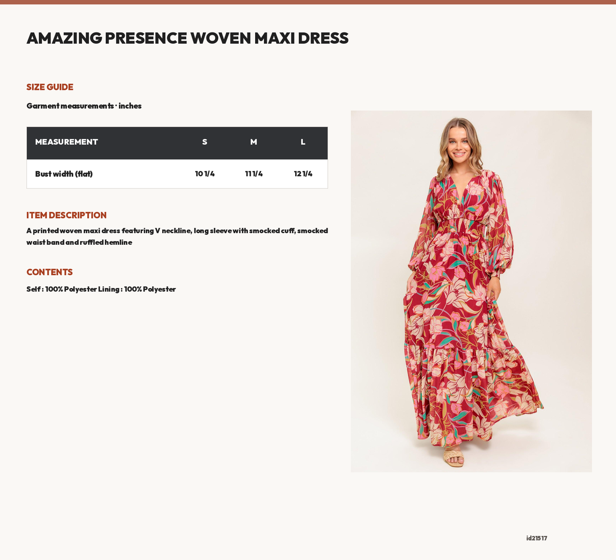 AMAZING PRESENCE WOVEN MAXI DRESS size chart