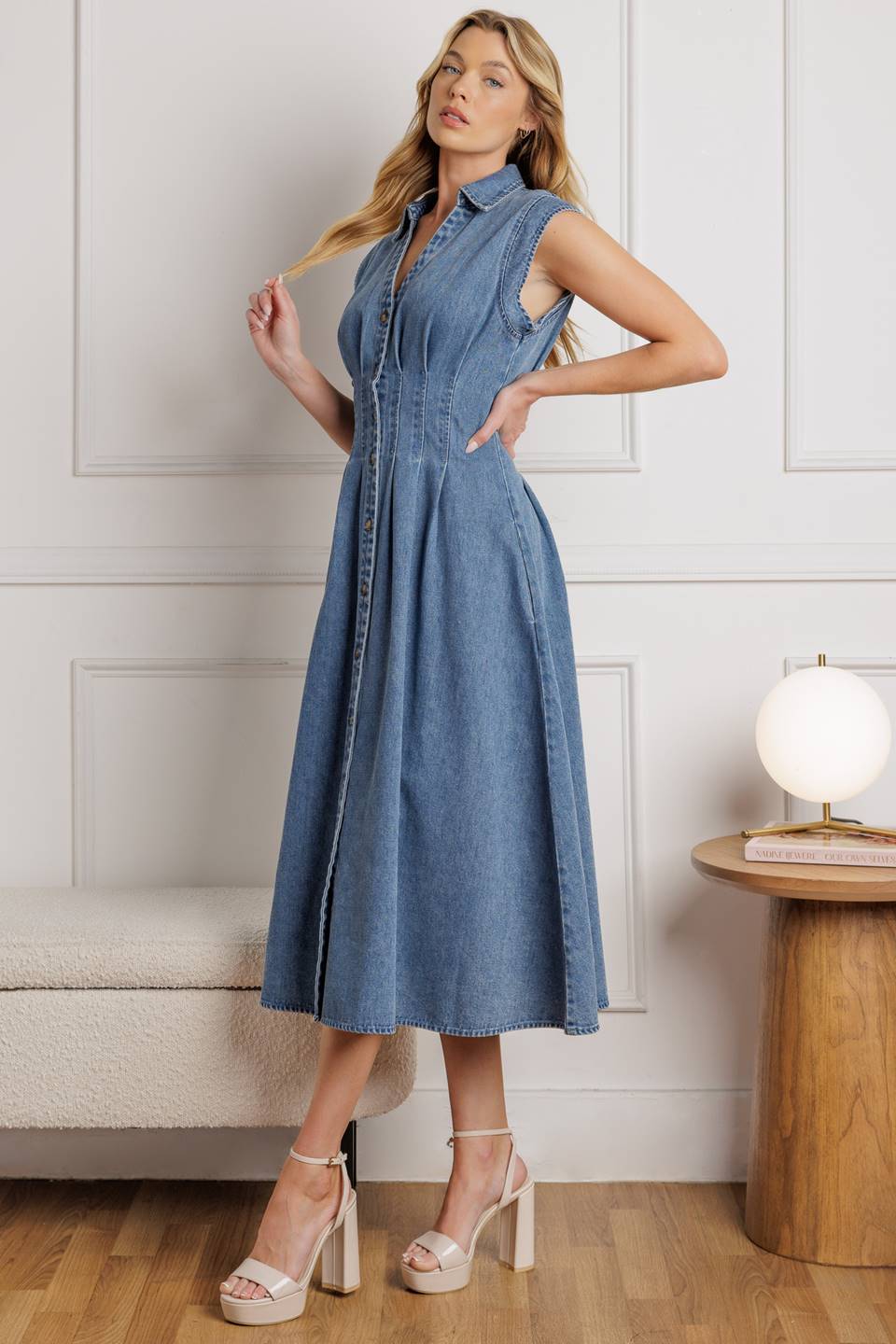 ROSES OF LOVE DENIM MIDI DRESS