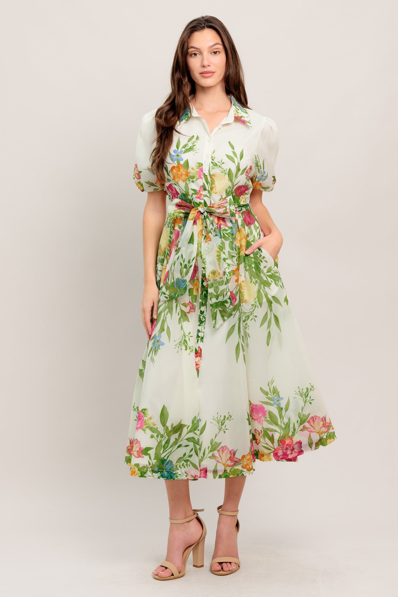 
A printed woven midi dress featuring shirt collar, button down, short puff sleeve, self sash tie and full skirt

Details:

Self : 100% Polyester
Lining : 100% Polyester

Size &amp; Fit

- Model is 5`8" And Wearing Size Small
- Measurements Taken From Size Small
- Approx. Length: 50" FLYING TOMATO