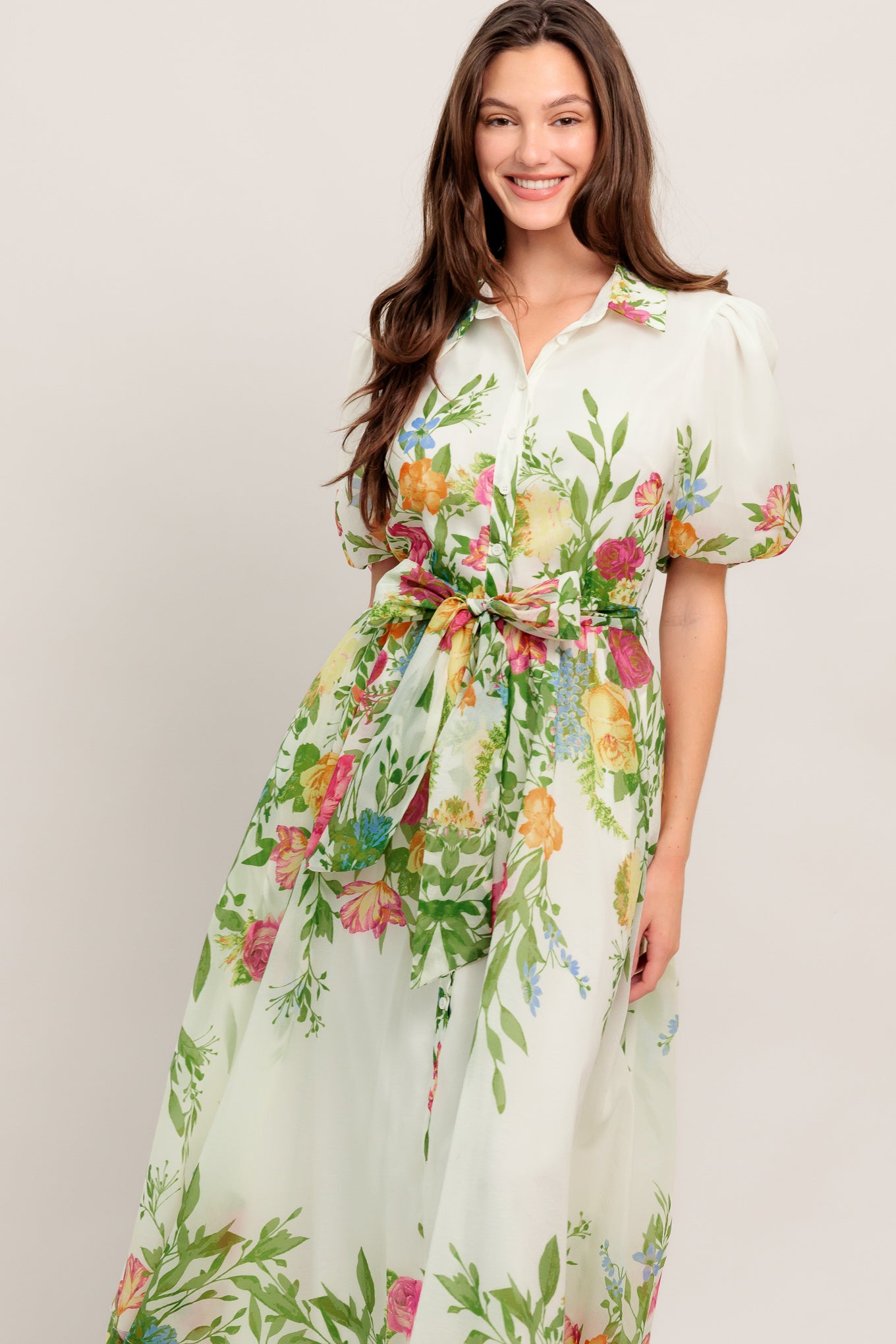 
A printed woven midi dress featuring shirt collar, button down, short puff sleeve, self sash tie and full skirt

Details:

Self : 100% Polyester
Lining : 100% Polyester

Size &amp; Fit

- Model is 5`8" And Wearing Size Small
- Measurements Taken From Size Small
- Approx. Length: 50" FLYING TOMATO