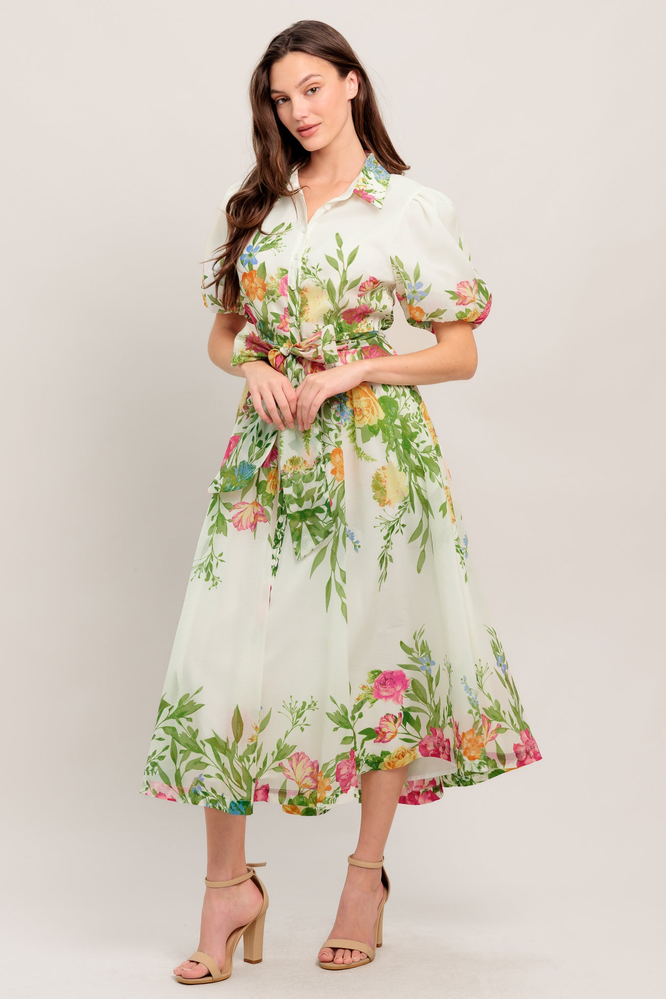 
A printed woven midi dress featuring shirt collar, button down, short puff sleeve, self sash tie and full skirt

Details:

Self : 100% Polyester
Lining : 100% Polyester

Size &amp; Fit

- Model is 5`8" And Wearing Size Small
- Measurements Taken From Size Small
- Approx. Length: 50" FLYING TOMATO