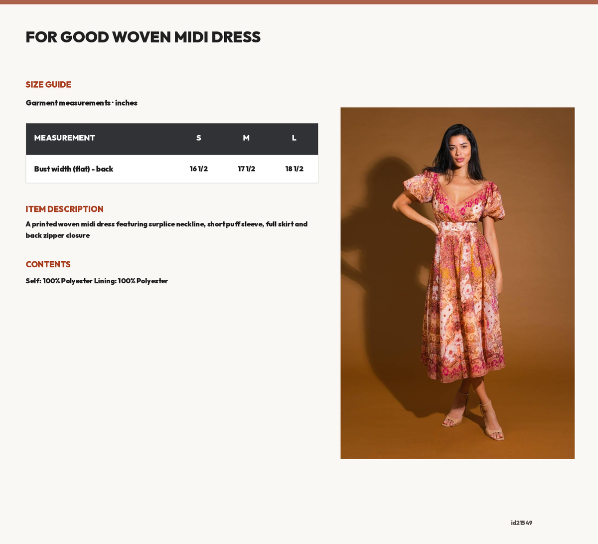 FOR GOOD WOVEN MIDI DRESS size chart