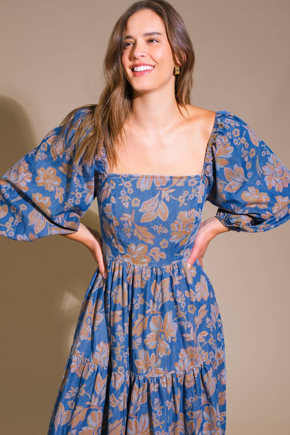 A printed denim midi dress featuring a square neckline, 3/4 sleeves, tiered skirt and smocked back bodice

Details:

Self : 100% Cotton

Size &amp; Fit

- Model is 5`8" And Wearing Size Small
- Measurements Taken From Size Small
- Approx. Length: 47"