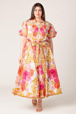 GARDEN TAPESTRY IVORY FLORAL WOVEN MIDI DRESS.