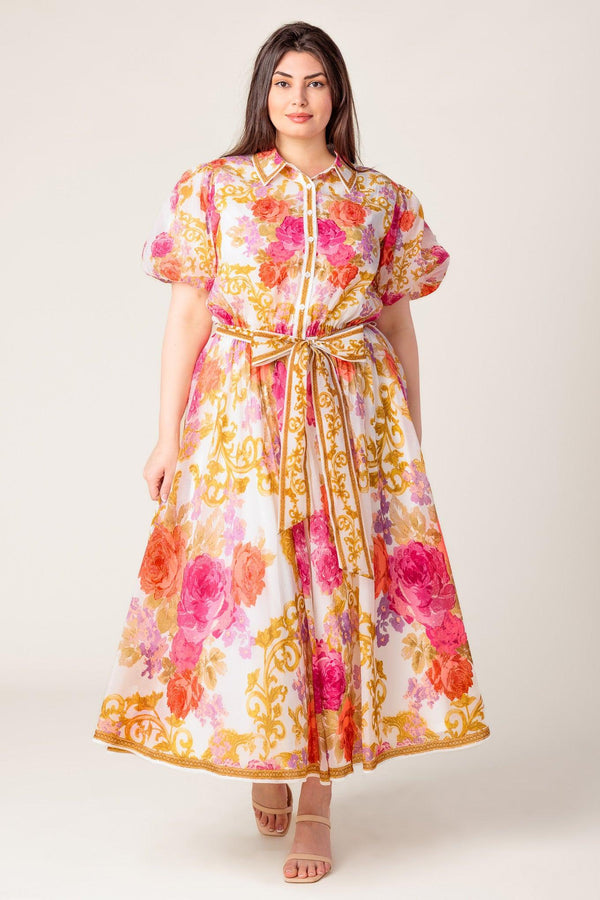 GARDEN TAPESTRY IVORY FLORAL WOVEN MIDI DRESS.
