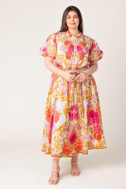 GARDEN TAPESTRY IVORY FLORAL WOVEN MIDI DRESS.