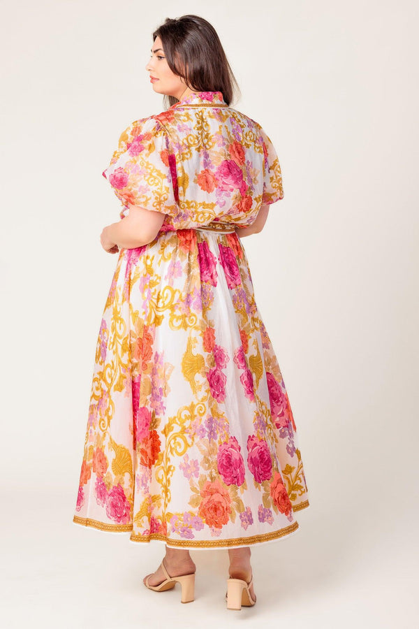 GARDEN TAPESTRY IVORY FLORAL WOVEN MIDI DRESS.