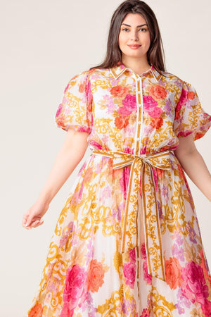 GARDEN TAPESTRY IVORY FLORAL WOVEN MIDI DRESS.