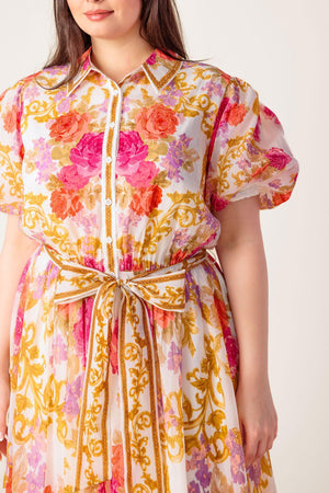 GARDEN TAPESTRY IVORY FLORAL WOVEN MIDI DRESS.