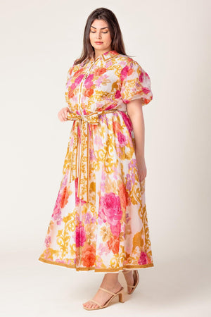 GARDEN TAPESTRY IVORY FLORAL WOVEN MIDI DRESS.