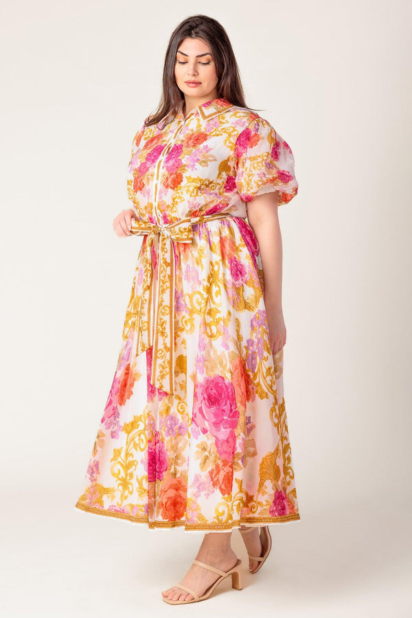 GARDEN TAPESTRY IVORY FLORAL WOVEN MIDI DRESS.
