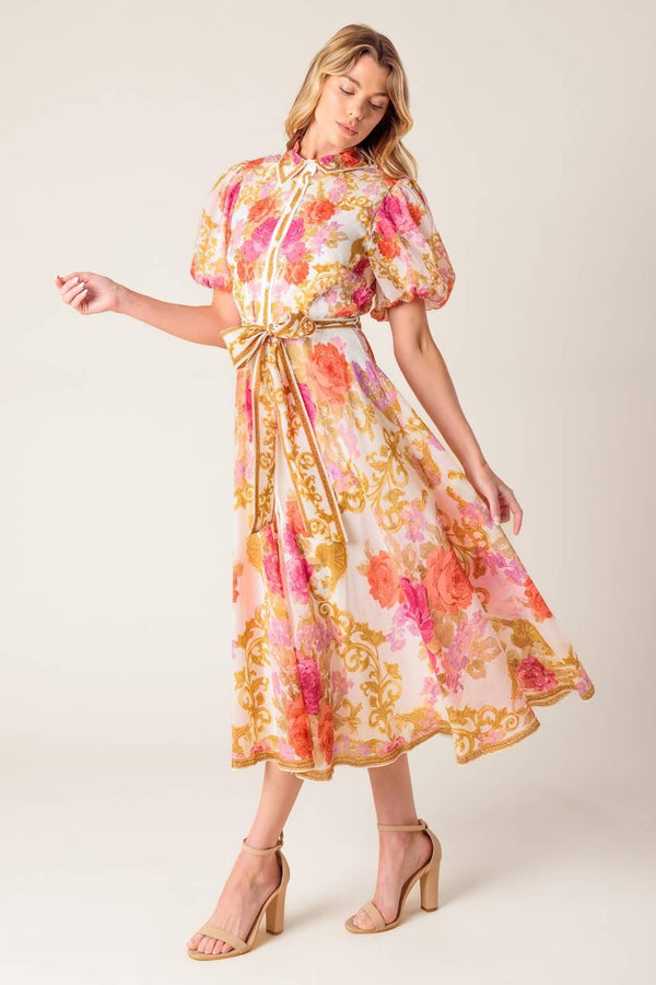 GARDEN TAPESTRY IVORY FLORAL WOVEN MIDI DRESS.