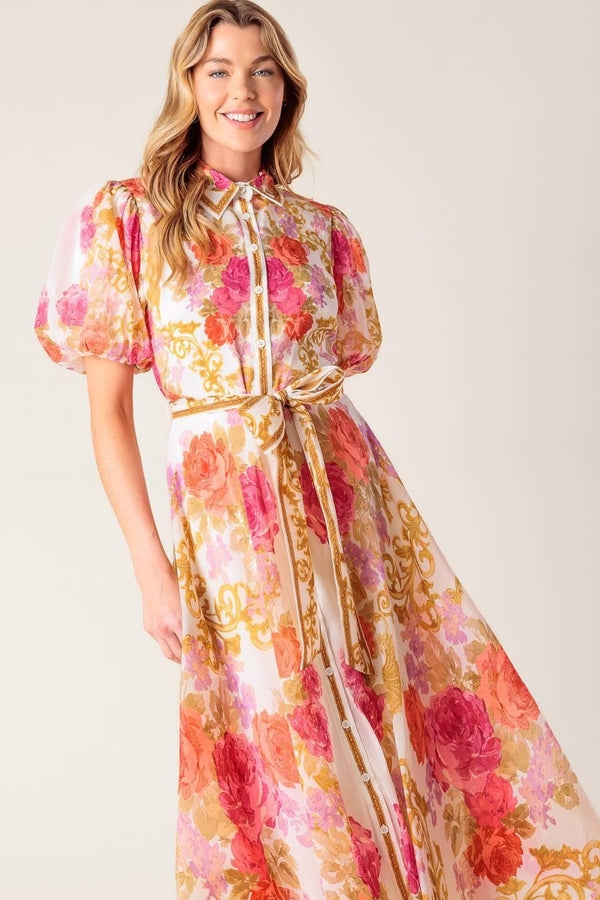 GARDEN TAPESTRY IVORY FLORAL WOVEN MIDI DRESS.
