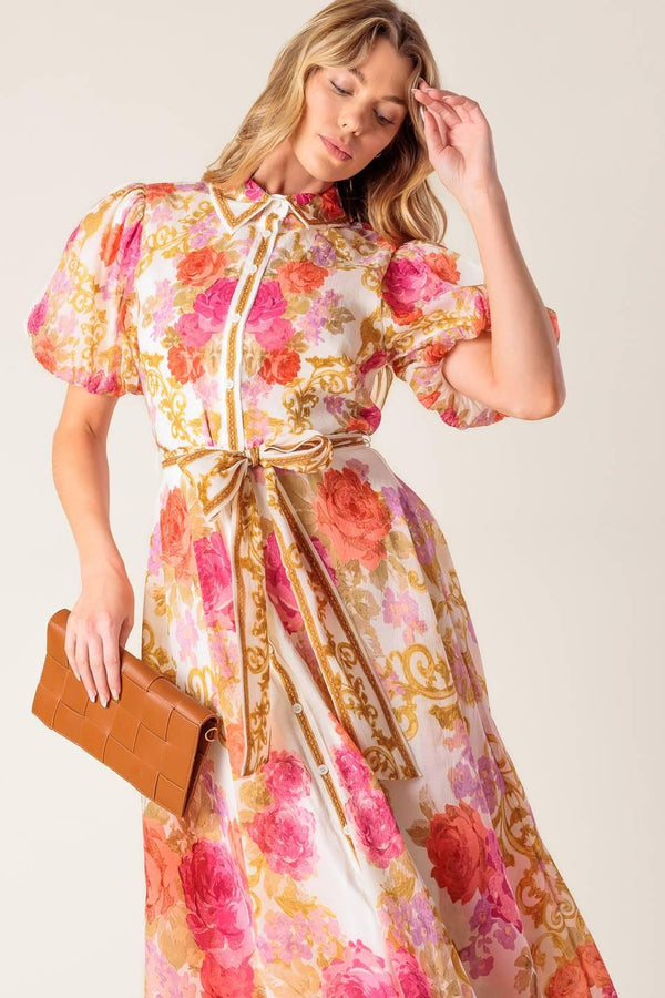 GARDEN TAPESTRY IVORY FLORAL WOVEN MIDI DRESS.