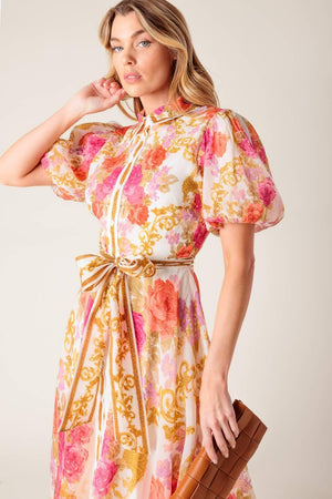 GARDEN TAPESTRY IVORY FLORAL WOVEN MIDI DRESS.