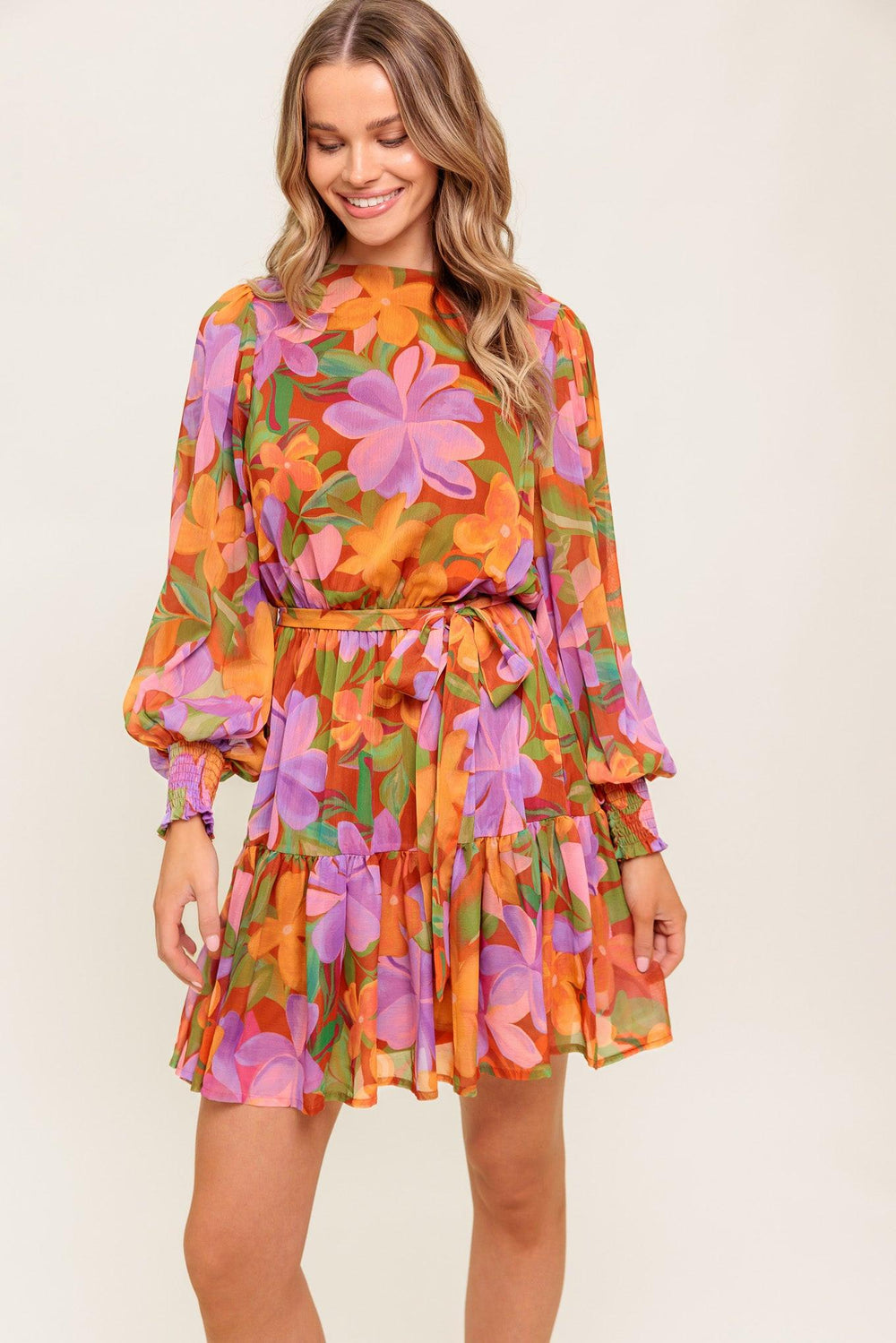 MUTED GARDEN WOVEN MINI DRESS.