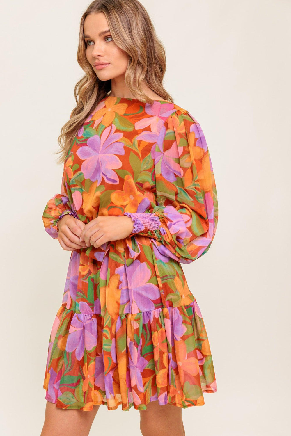 MUTED GARDEN WOVEN MINI DRESS.