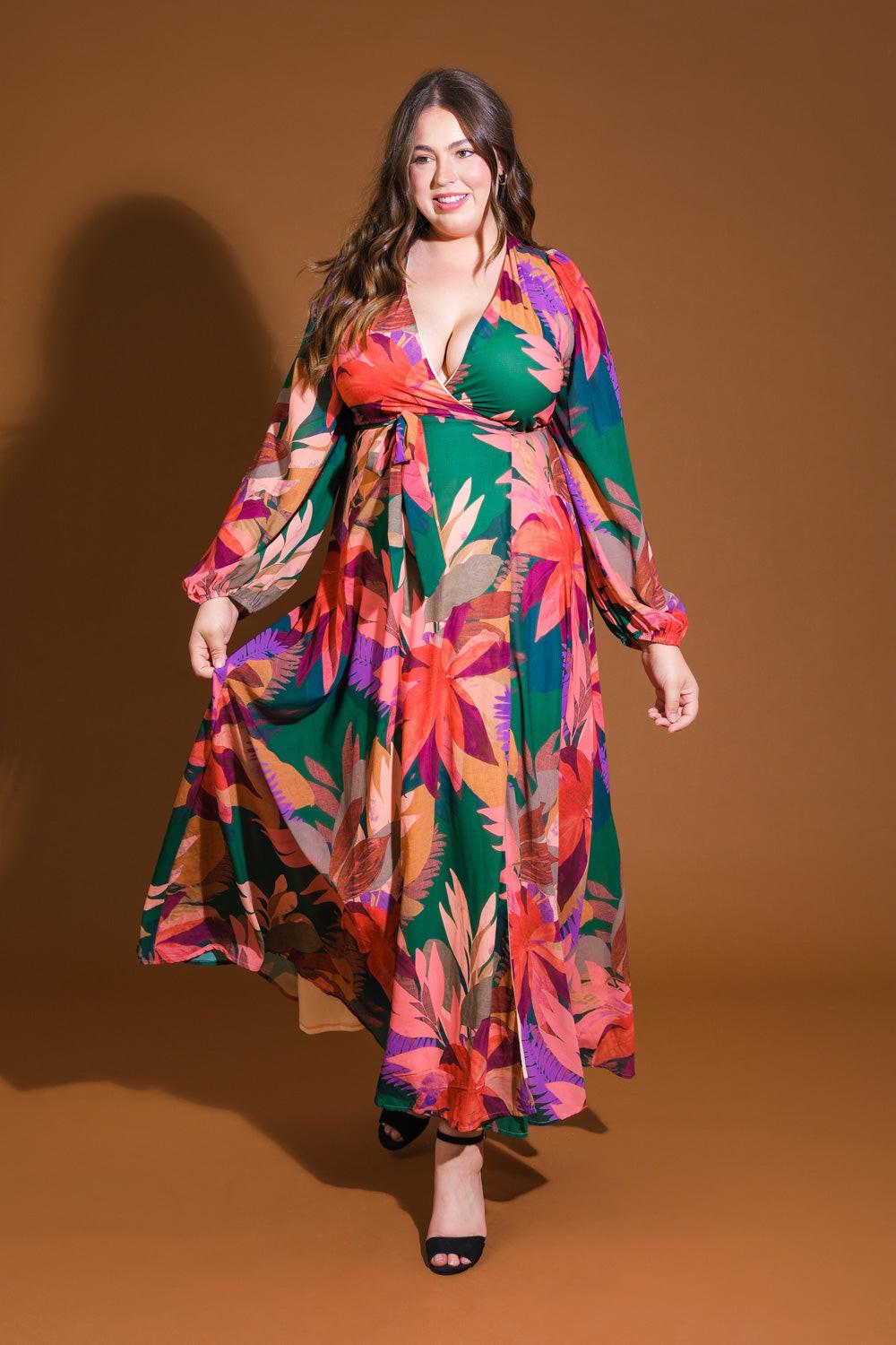 honey floral maxi dress Honey floral long sleeve waist tie flowy chiffon maxi dress Multi Blue/Yellow / L