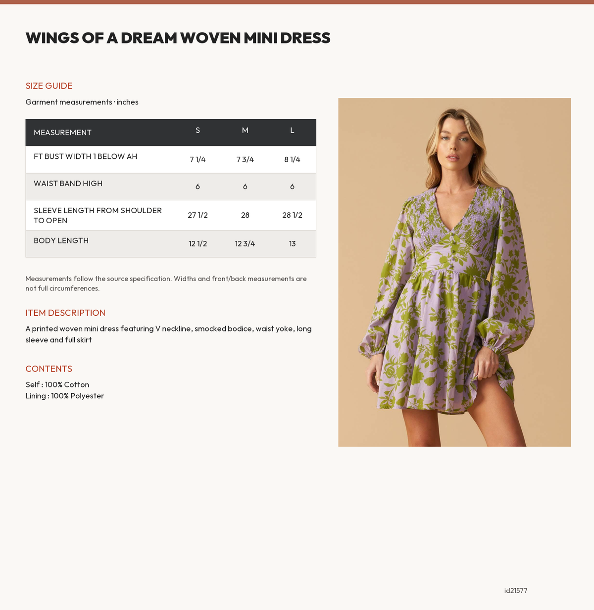 WINGS OF A DREAM WOVEN MINI DRESS size chart