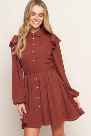 A textured woven mini dress featuring shirt collar, button down, long sleeve with ruffled shoulder, self belt and full skirt