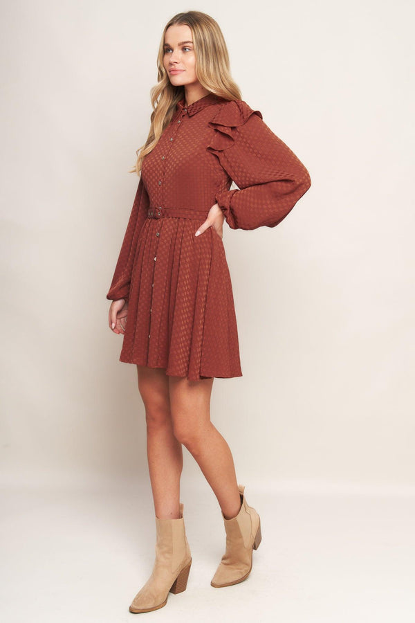 A textured woven mini dress featuring shirt collar, button down, long sleeve with ruffled shoulder, self belt and full skirt