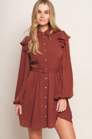 A textured woven mini dress featuring shirt collar, button down, long sleeve with ruffled shoulder, self belt and full skirt