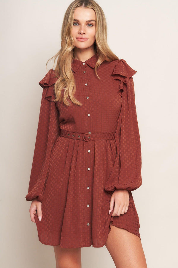 A textured woven mini dress featuring shirt collar, button down, long sleeve with ruffled shoulder, self belt and full skirt