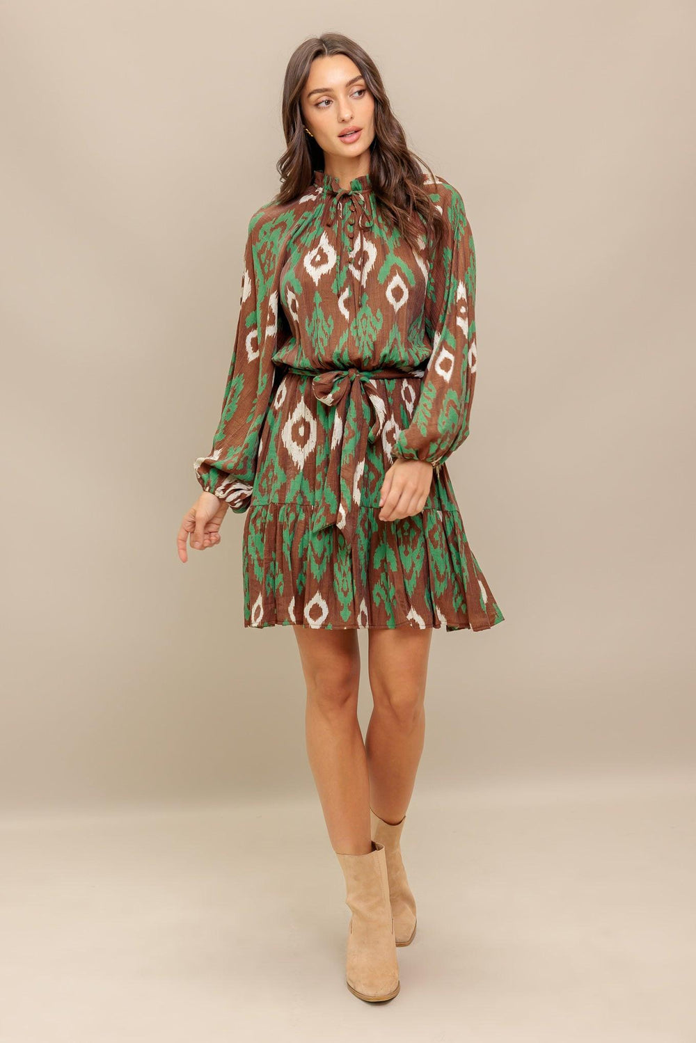 WILD TERRACOTTA WOVEN MINI DRESS.