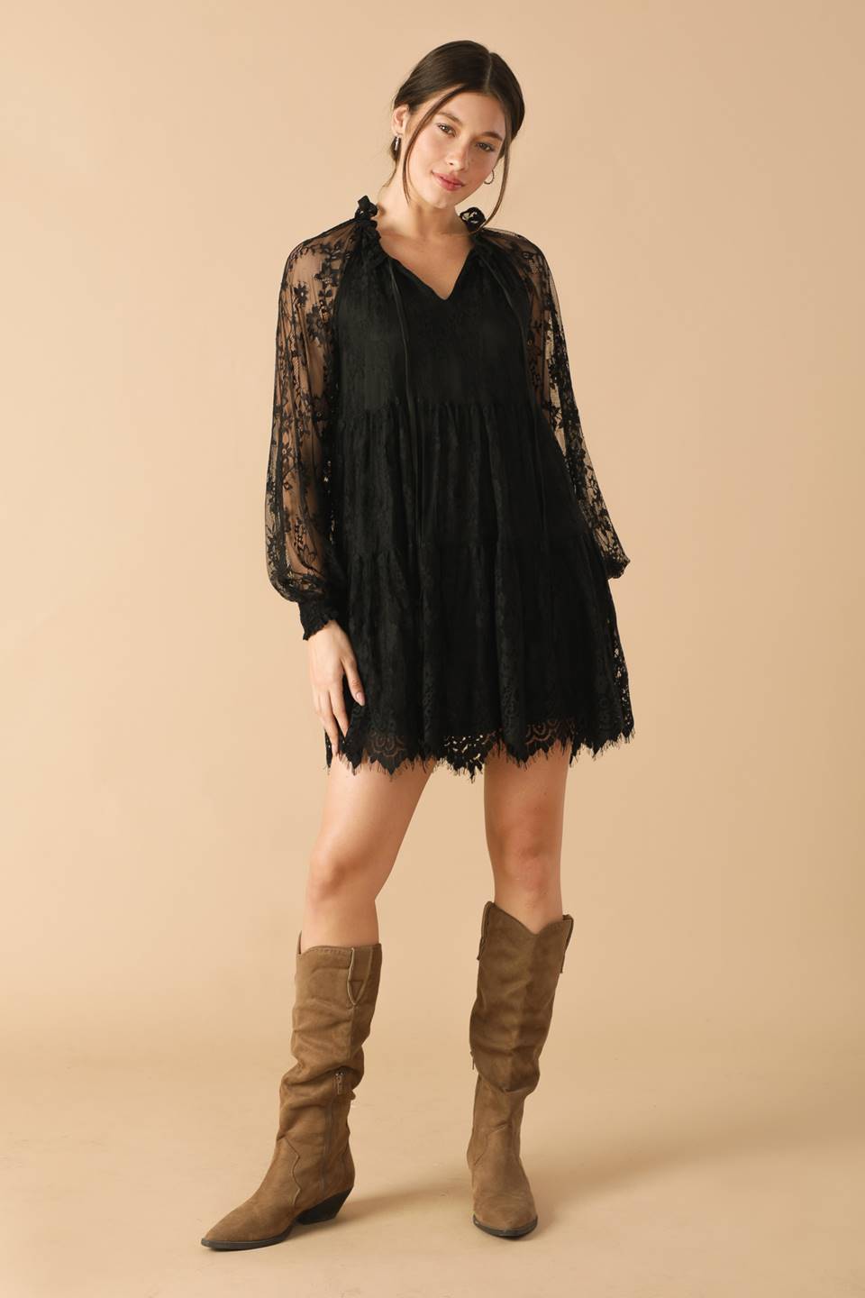 THIS & THAT BLACK WOVEN LACE MINI DRESS