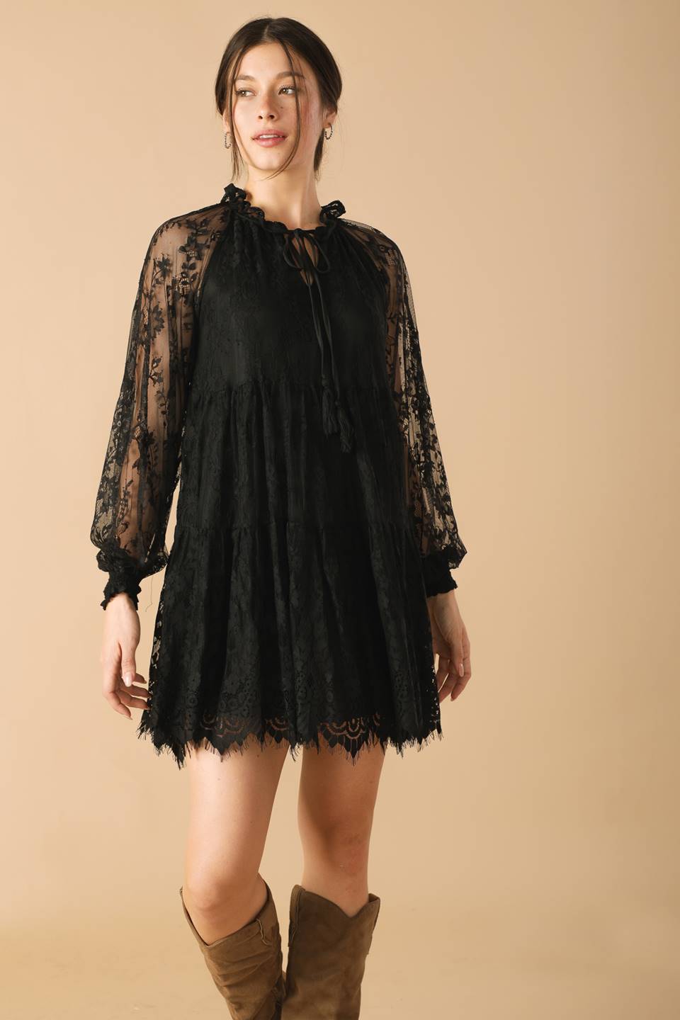 THIS & THAT BLACK WOVEN LACE MINI DRESS