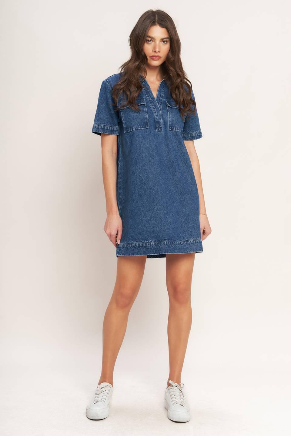 BLUE CANVAS DENIM MINI DRESS.