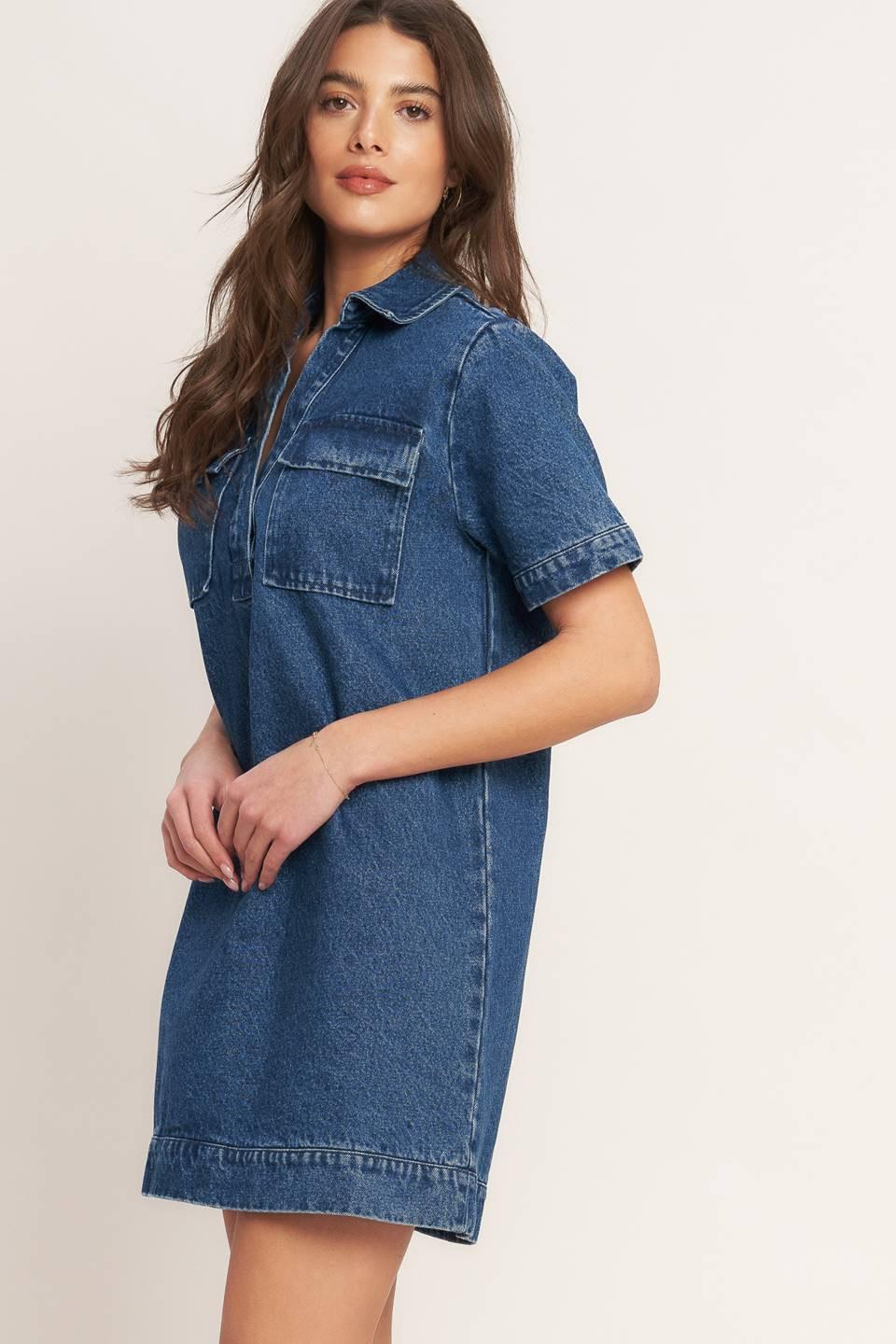 BLUE CANVAS DENIM MINI DRESS.
