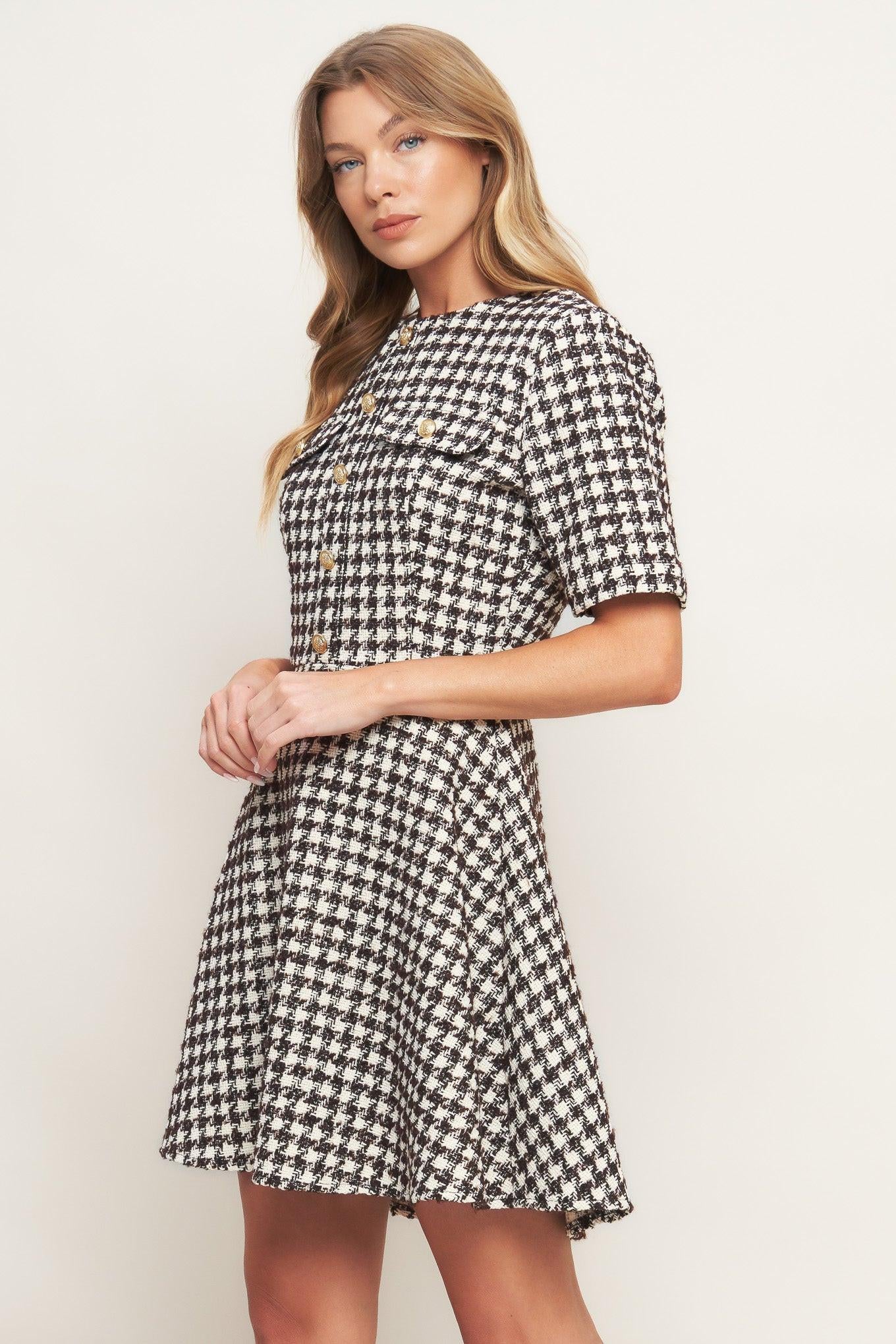 short sleeve tweed mini dress Gold Standard Tweed Fabric Pearl Button Short Sleeve Pocketed Mini Dr roschic