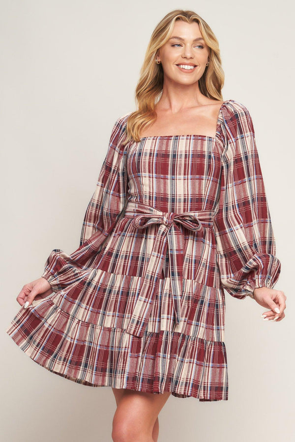 HONEY HUG PLAID MINI DRESS.