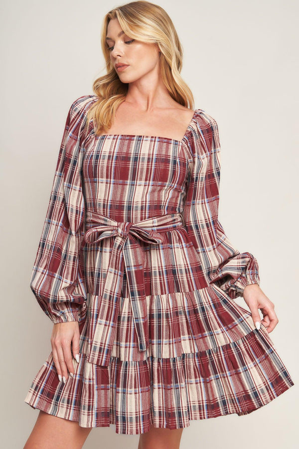 HONEY HUG PLAID MINI DRESS.