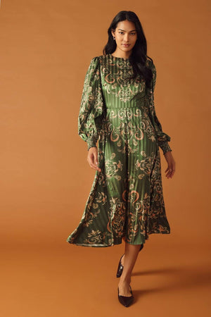 MOMENTS OF CLARITY WOVEN MIDI DRESS.