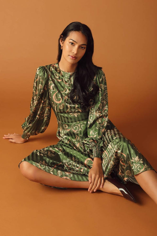 MOMENTS OF CLARITY WOVEN MIDI DRESS.