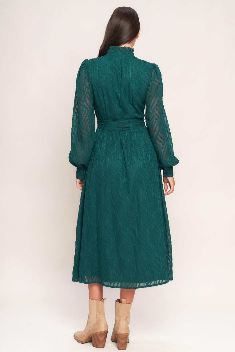 EMERALD WHISPER WOVEN MIDI DRESS.