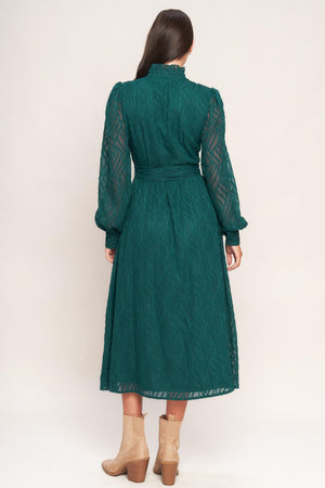 EMERALD WHISPER WOVEN MIDI DRESS.