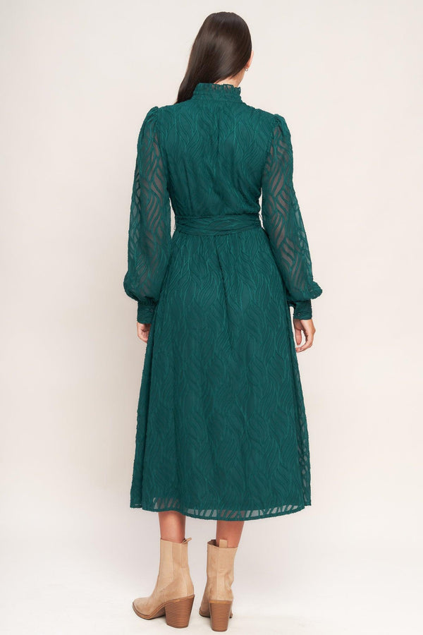 EMERALD WHISPER WOVEN MIDI DRESS.