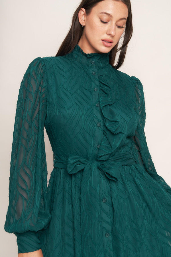 EMERALD WHISPER WOVEN MIDI DRESS.