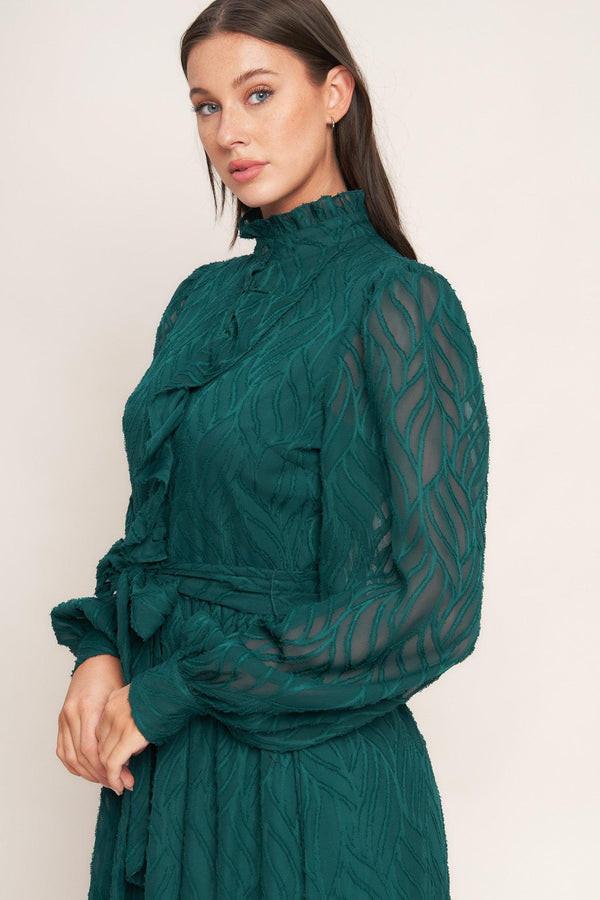 EMERALD WHISPER WOVEN MIDI DRESS.