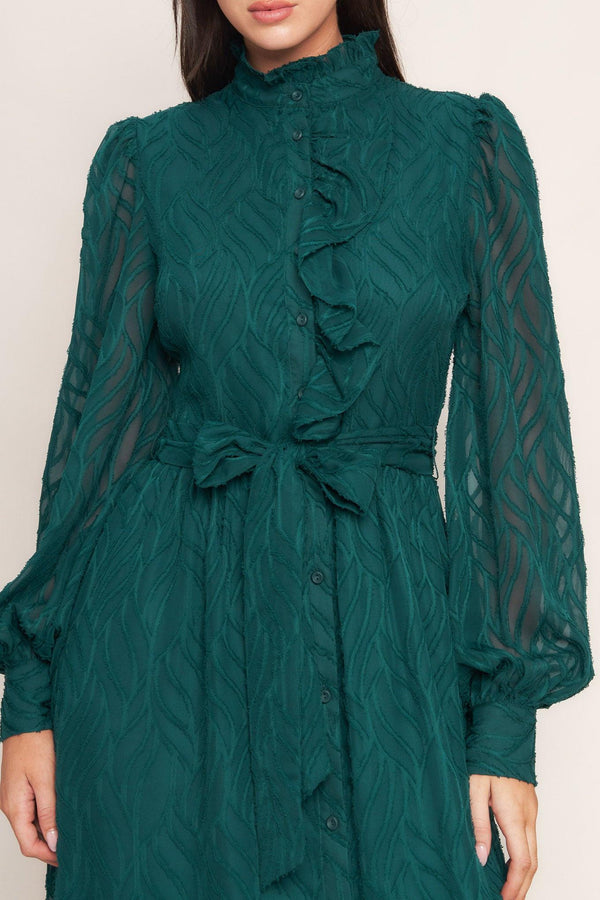 EMERALD WHISPER WOVEN MIDI DRESS.