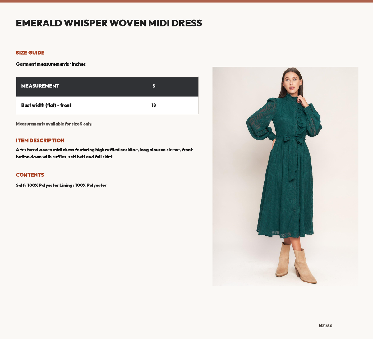 EMERALD WHISPER WOVEN MIDI DRESS size chart