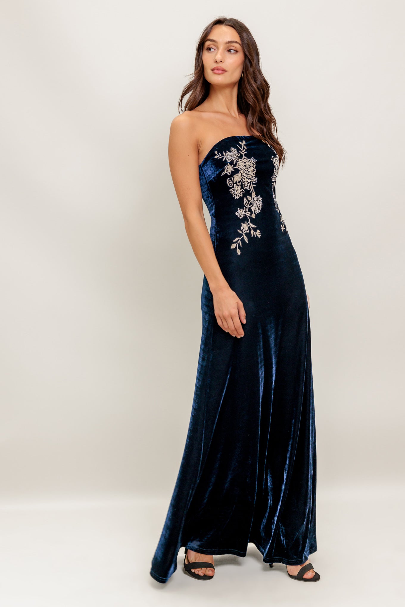 A velvet maxi dress featuring strapless, embroidered bodice and back zipper closure