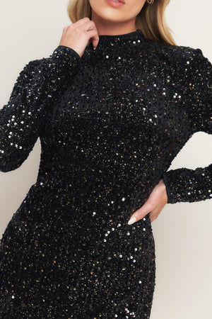 WHIMS OF FATE SEQUIN MINI DRESS.